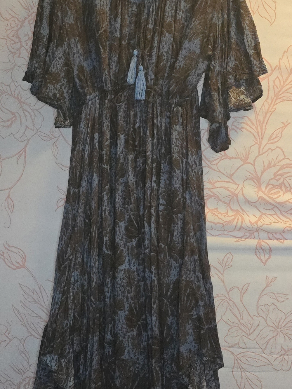 Free People "The Island Life" Off-Shoulder Blue & Brown Boho Maxi Dress - Picture 3 of 8